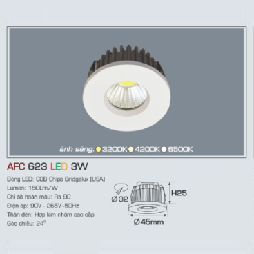 AFC 623 LED 3W: Đèn LED âm trần 3W, 1 chế độ ánh sáng ( vàng/trung tính/trắng)