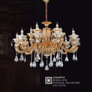 35 - DC6239T15: Đèn chùm nến 15 tay - KT: Ø1000mm x H750mm - Bóng đèn nến E14 x 15 bóng