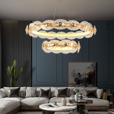 EU - T 6242/2: Đèn thả 2 vòng LED, chóa thủy tinh - KT: Ø880mm + Ø480mm x H1000mm - Đèn LED 120W đổi 3 màu