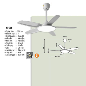 QT62T: Quạt trần đèn LED 5 cánh nhựa màu trắng