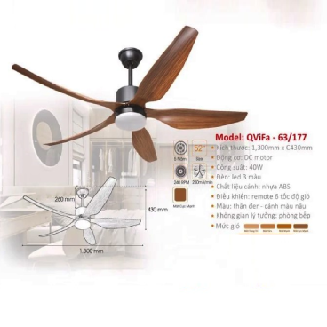 QViFa - 63/177: Quạt trần đèn 5 cánh nhựa