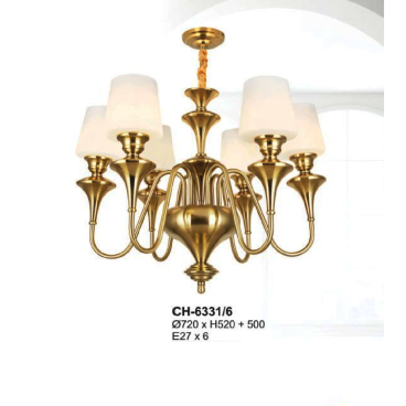 A - CH - 6331/6: Đèn chùm 6 tay chao thủy tinh - KT: Ø720mm x H520mm +500mm - Bóng đèn E27 x 6 bóng