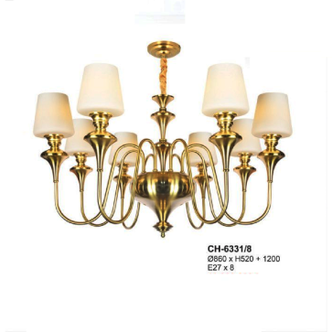 A - CH - 6331/8: Đèn chùm 8 tay chao thủy tinh - KT: Ø860mm x H520mm +500mm - Bóng đèn E27 x 8 bóng