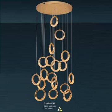 HF - TL 6364/18: Đèn thả dây vòng LED 18 bóng - KT: Ø600mm x H2500mm - Đèn LED 144W, ánh sáng đổi 3 màu