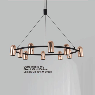 CODE: MD639-10C: Đèn thả vòng 10 ống đèn LED - KT: Ø920mm x H1500mm - Đèn LED COB 10 x 5W ánh sáng vàng 3000K