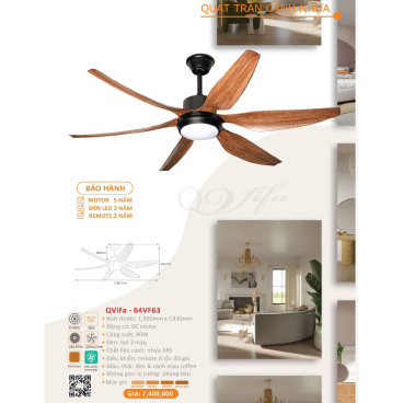 QViFa - 64VF63: Quạt trần đèn LED 6 cánh nhựa