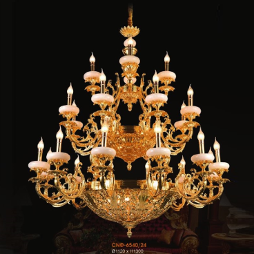 VER - CĐ - 6540/24: Chùm đồng 24 tay, chao đá - KT: Ø1120mm x H1300mm - Bóng đèn chân E14 x 24 bóng