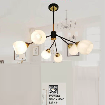 TTK65T6: Đẻn chùm thả 6 bóng chao thủy tinh - KT:  Ø800mm x H300mm - Bóng đèn E27 x 6 bóng