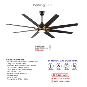 MODEL - Q66: Quạt trần đèn 8 cánh gỗ