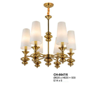 A - CH - 6647/6: Đèn chùm 6 tay chao thủy tinh - KT: Ø620mm x H620mm + 500mm - Bóng đèn E14 x 6 bóng