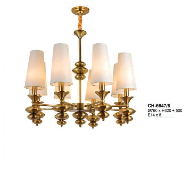 A - CH - 6647/8: Đèn chùm 8 tay chao thủy tinh - KT: Ø760mm x H620mm + 500mm - Bóng đèn E14 x 8 bóng