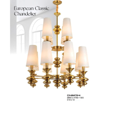 A - CH - 6647/8+4: Đèn chùm 12 tay chao thủy tinh - KT: Ø850mm x H700mm + 500mm - Bóng đèn E14 x 12 bóng