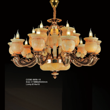 CODE: 6658 -15: Đèn chùm chao đá 15 tay - KT: Ø1000mm x H600mm - Bóng đèn chân E14 x 15 bóng