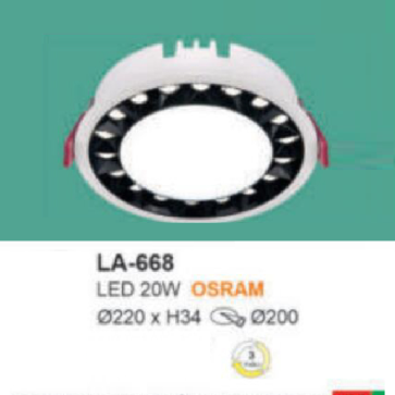 LA - 668: Đèn LED  âm trần 20W, ánh sáng đổi 3 màu ( trắng - trung tính - vàng)