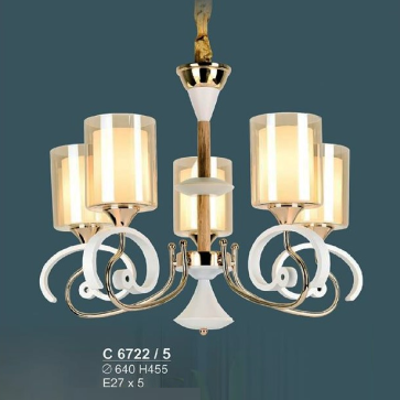 SN - C 6722/5: Đèn chùm 5 bóng chao thủy tinh  - KT: Ø640mm x H455mm - Đèn E27 x 5 bóng