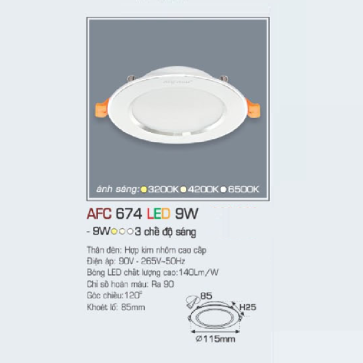 AFC 674 LED 9W: Đèn LED âm trần siêu mỏng 9W, 1 chế độ ánh sáng (vàng/trung tính/trắng)