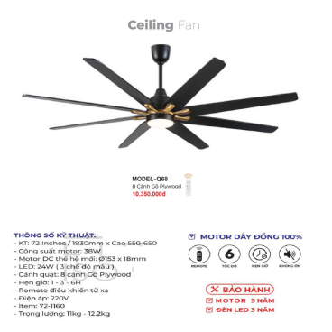 MODEL - Q68: Quạt trần đèn 8 cánh gỗ