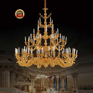 CODE: 6816/89: Đèn chùm đồng nến 89 tay - KT: Ø2200mm x H2200mm - Bóng đèn nến E14 x 89 bóng