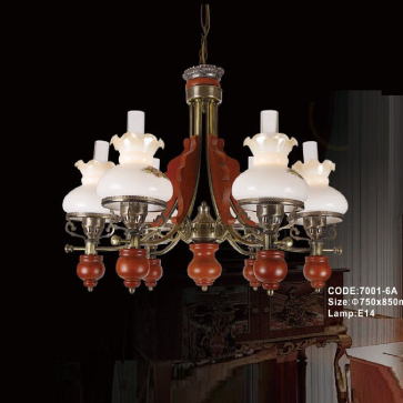 CODE:7001 - 6A: Đèn chùm 6 tay chao thủy tinh - KT: Ø750mm x H850mm -  Bóng đèn E14 x 6