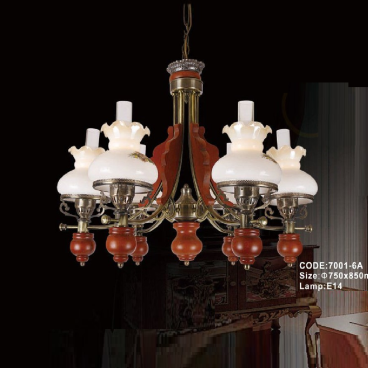 CODE:7001 - 6A: Đèn chùm 6 tay chao thủy tinh - KT: Ø750mm x H850mm -  Bóng đèn E14 x 6