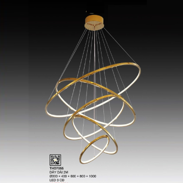 355 - THD7055: Đèn thả 5 vòng LED - KT:  Ø(300+400+600+800+1000)mm - Dây cáp dài 3000mm - Đèn LED đổi 3 màu