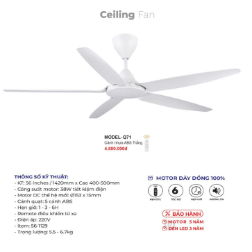 MODEL - Q71: Quạt trần 5 cánh nhựa ABS