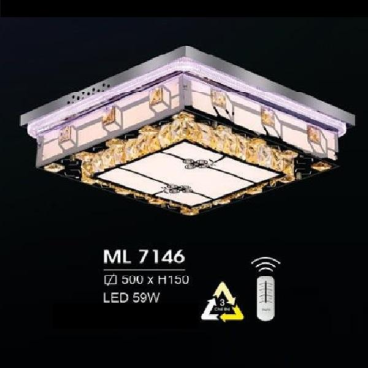 HF - ML 7146:  Đèn áp trần LED - KT: L500mm x W500mm  x H150mm - Đèn LED 59W đổi 3 màu - Remote