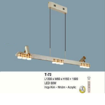 E - T- 72: Đèn thả ngang thanh LED - KT: L1200mm x W60mm x H150mm ( chiều cao thanh LED) + H1500mm - Đèn LED 80W -  Ánh sáng  đổi 3 màu