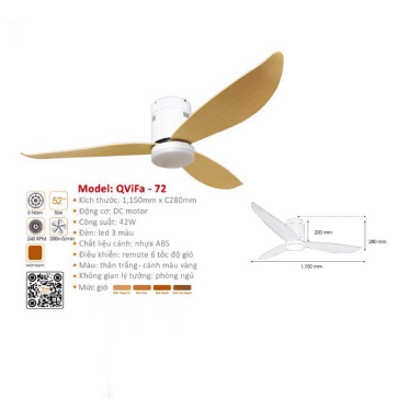 QViFa - 72: Quạt trần đèn LED 3 cánh Nhựa gắn sát trần