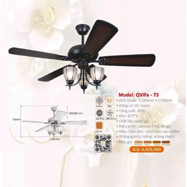 QViFa - 73: Quạt trần đèn 5 cánh gỗ