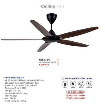 MODEL - Q73: Quạt trần 5 cánh nhựa ABS