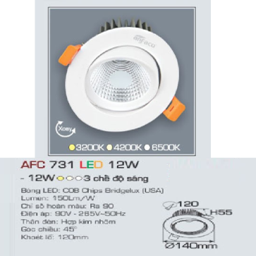 AFC 731 LED 12W: Đèn LED âm trần xoay góc 12W, 1 chế độ sáng (vàng/trung tính/trắng)