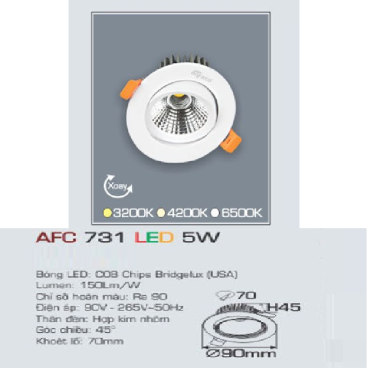 AFC 731 LED 5W: Đèn LED âm trần xoay góc 5W, 1 chế độ sáng ( vàng/trung tính/trắng)