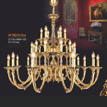 NC 740/12+12+6:  Đèn chùm đồng 30 tay - KT: Ø1200mm  x H 800mm + 500mm - Bóng đèn chân E14 x 30 bóng