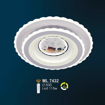 ML 7432: Đèn áp trần LED  Mica - KT: Ø500mm - Đèn LED 115W - ánh sáng đổi 3 màu - Remote