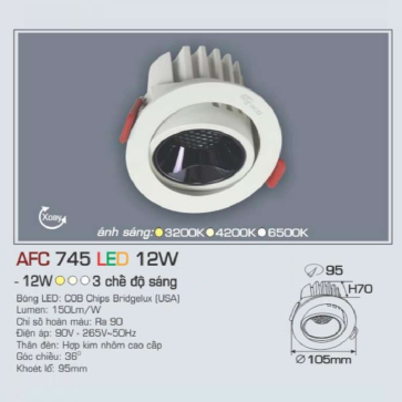AFC 745 LED 12W: Đèn LED âm trần chiếu điểm xoay góc 12W , 1 chế độ ánh sáng (vàng/trung tính/trắng)