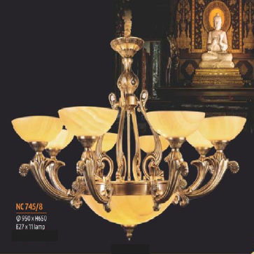 NC 745/8:  Đèn chùm đồng 8 tay, chao đá - KT: Ø950mm x H650mm - Bóng đèn chân E27 x 11 bóng