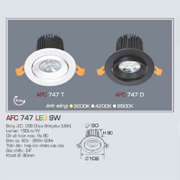 AFC 747 T LED 9W: Đèn LED chiếu điểm xoay góc 9W, 1 chế độ ánh sáng (vàng/trắng/trung tính)