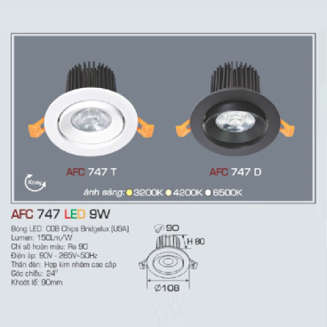 AFC 747 T LED 9W: Đèn LED chiếu điểm xoay góc 9W, 1 chế độ ánh sáng (vàng/trắng/trung tính)