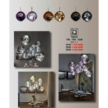 THD75: Đèn thả đơn  chao thủy tinh ( màu tím/trà/xám)- KT: Ø180mm - Bóng đèn E27 x 1 bóng