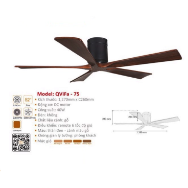 QViFa  - 75: Quạt trần 5 cánh gỗ gắn sát trần