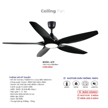MODEL - Q.75: Quạt trần đèn 5 cánh nhựa ABS