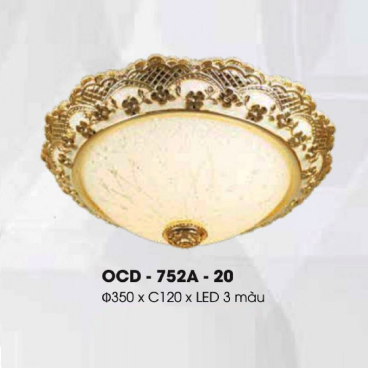 OCD - 752A - 20: Đèn ốp trần  hợp kim chóa thủy tinh - KT: Ø350mm x H120mm - Đèn LED đổi 3 màu