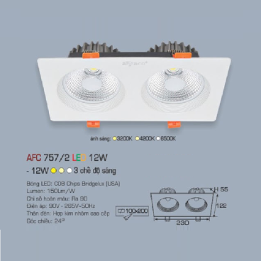 AFC 757/2 LED 12W: Đèn LED đôi âm trần 12W, 1 chế độ ánh sáng (vàng/trung tính/trắng)