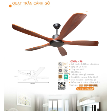 QViFa - 76: Quạt trần 5 cánh gỗ tự nhiên