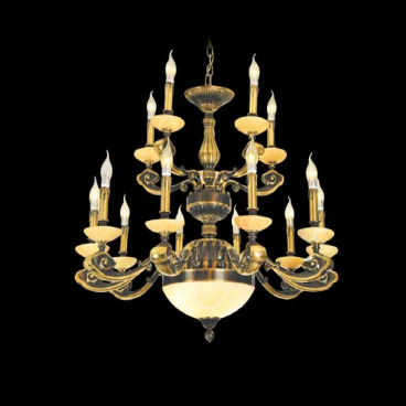 E - CD - 763/10+5: Chùm đồng 15 tay, chao đá - KT: Ø880mm x H900mm - Đèn chân E14 x 15 bóng + chân E27 x 3 bóng