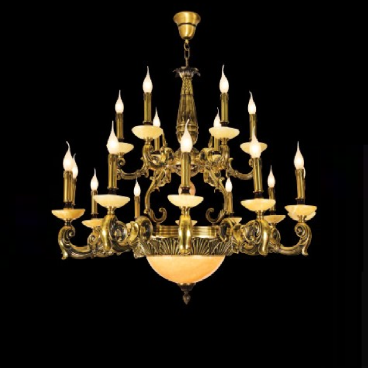 E - CD - 764/12+6: Chùm đồng 18 tay, chao đá - KT: Ø1100mm x H1100mm - Bóng đèn chân E14 x 18 bóng + E27 x 3 bóng