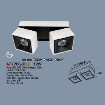 AFC 766/2 LED 12W: Đèn LED  chiếu điểm gắn nổi 12W x 2 - KT: 75mm x 180mm x H85mm - Ánh sáng vàng/trung tính/trắng