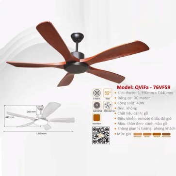 QViFa - 76VF59: Quạt trần 5 cánh gỗ