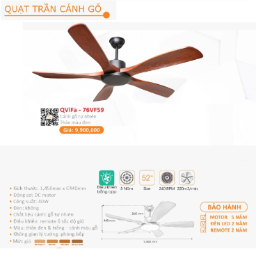 QViFa - 76VF59: Quạt trần 5 cánh gỗ tự nhiên